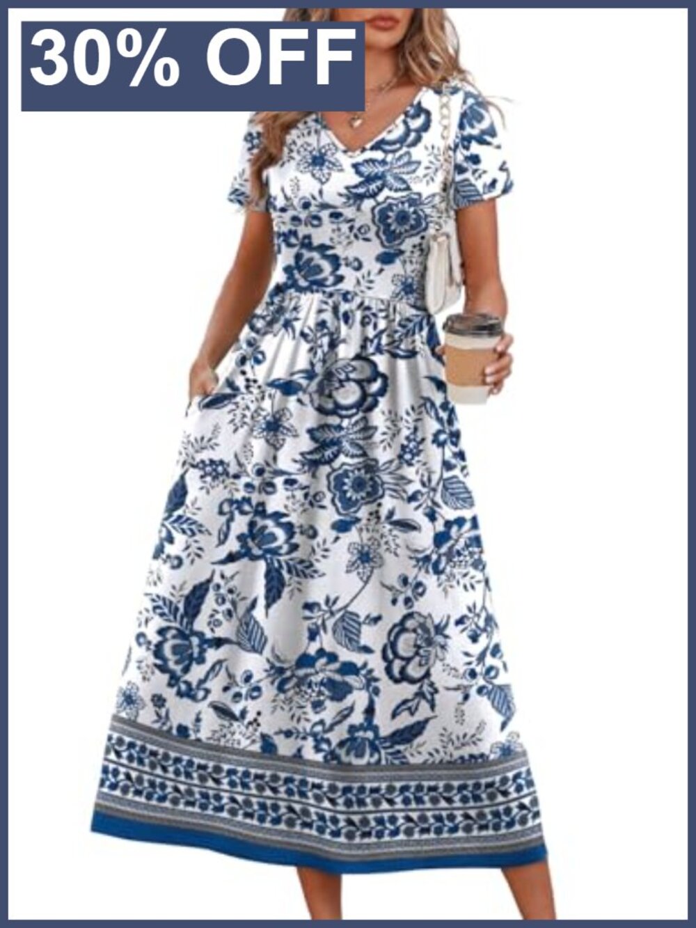 Flowy A-Line Midi Dress V-Neck Short Sleeve with Pockets